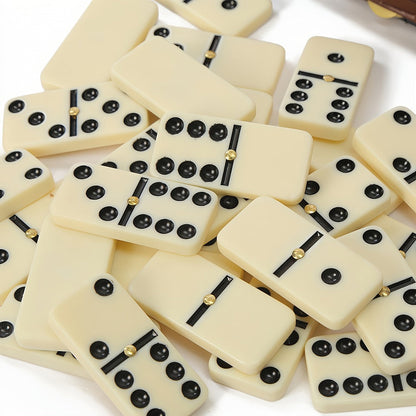 Extra-Large Double-Six Domino Set with 28 Ivory-Color Tiles, Center Spinners and Brown Storage Case
