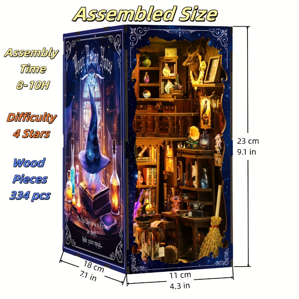 Magic House Book Nook Kit with 388-Piece Library and Potion-Room Scene, Touch Light and Clear Front Panel