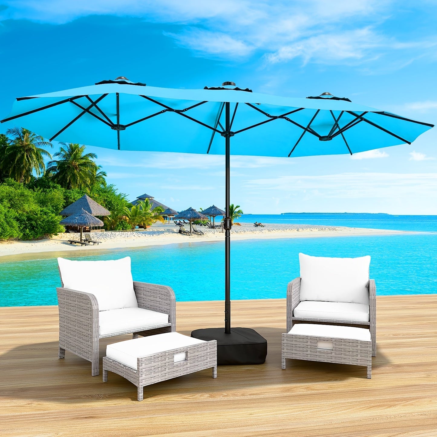Patio Umbrella 15FT Double-Sided Large Outdoor Umbrella with Base – UPF 50+ UV Protection, Wind Resistant, Crank Open for Garden Pool Backyard