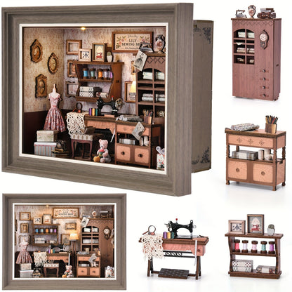 Seam House Book Nook Kit with Framed Sewing-Room Scene and Standard, Fireplace or Dwarf Style Options