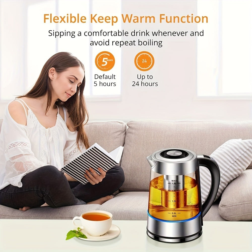 1.8L Glass Tea Kettle with 900W Heating, Adjustable Temperature Control, Infuser and 24-Hour Keep Warm