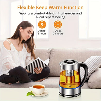 1.8L Glass Tea Kettle with 900W Heating, Adjustable Temperature Control, Infuser and 24-Hour Keep Warm