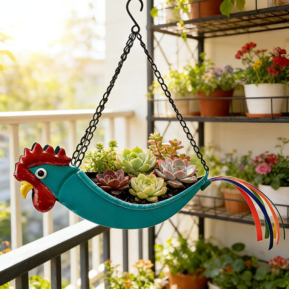 Rooster Hanging Planter – Wrought Iron Flower Pot with Chain for Succulents, Courtyard, Balcony & Eaves – Unique Gardening Gift