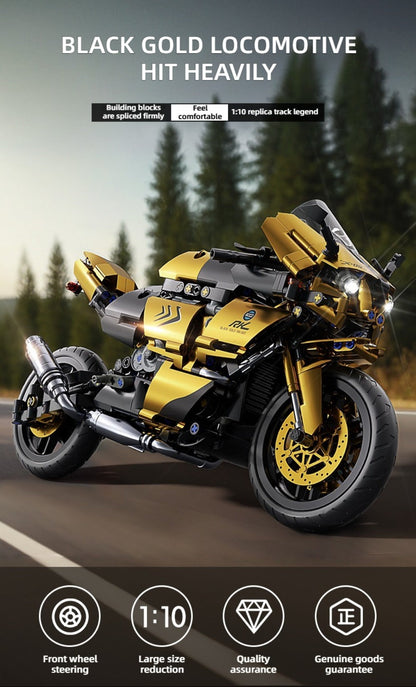 1000PCS Motorcycle Building Blocks 1:10 Scale DIY Black & Gold Motorbike Model Kit – Adult Collector Display Ornament, Exquisite Detail Assembly, Unique Gift for Men Motorcycle Enthusiasts Ages 14+