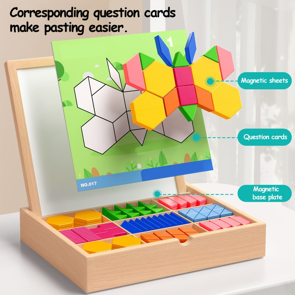 Magnetic Wooden Puzzle Blocks 128 180 220 Piece Set, Geometric Figures Cognitive Learning STEM Toy for Kids