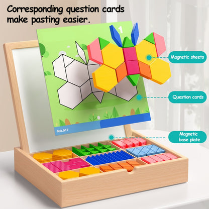 Magnetic Wooden Puzzle Blocks 128 180 220 Piece Set, Geometric Figures Cognitive Learning STEM Toy for Kids