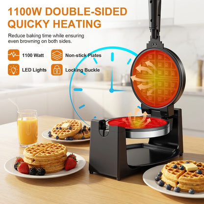 Belgian Waffle Maker 180° Rotating Flip Waffle Iron, Non-Stick Plates, Adjustable Browning Control, Removable Drip Tray, Cool Touch Handle, Stainless Steel, Space-Saving Foldable Design – Single & Double