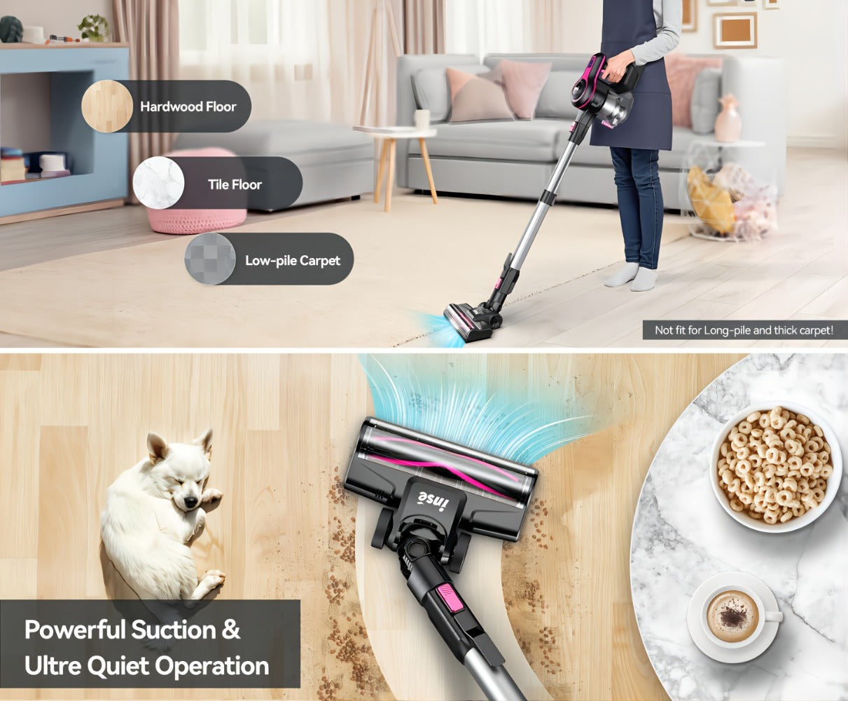 Stick and Handheld Vacuum Cleaner with LED Floor Head, Six Cordless Colors or Black Wired Model