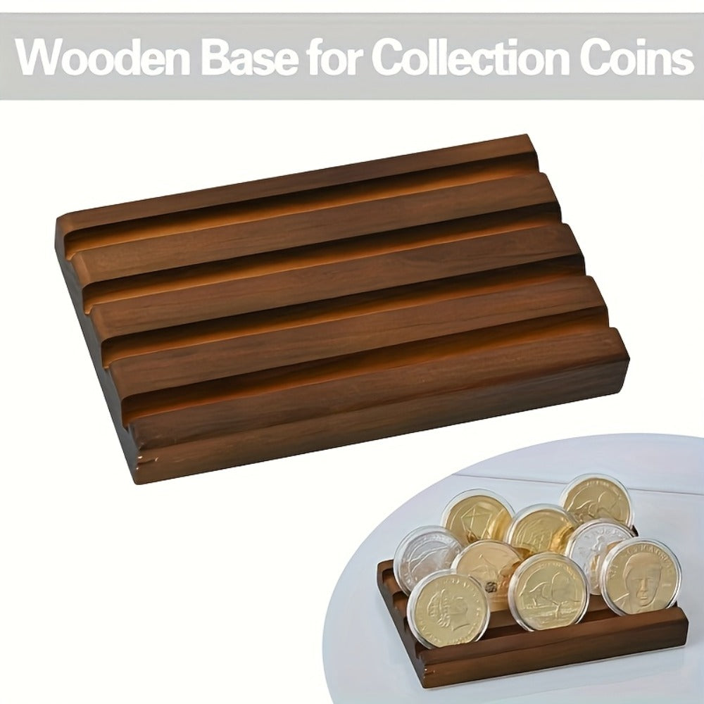 Four-Row Walnut-Color Wooden Coin Display Rack for Challenge Coins and Commemorative Tokens