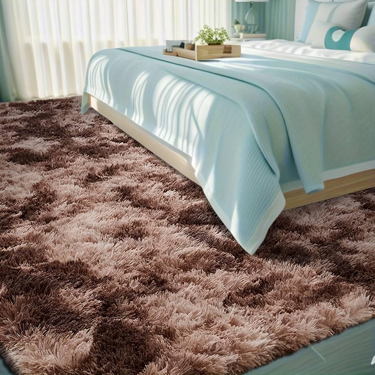 Area Rug Fluffy Faux-Fur Shag in Solid, Tie-Dye and Ombre Colors with Six Retained Room Sizes
