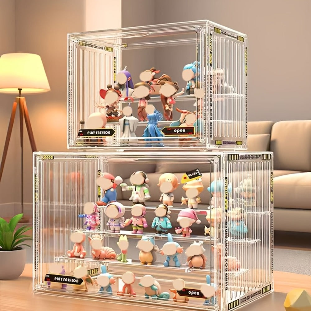 Clear Acrylic Figure Display Case with Magnetic Door, Adjustable Dividers and 3- or 4-Tier Options