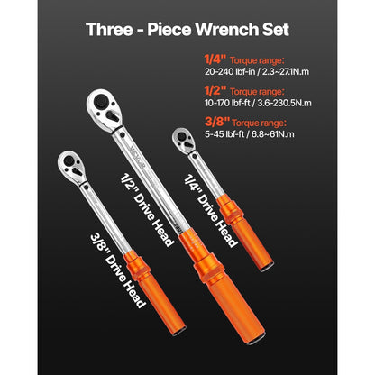 Click Torque Wrench Set 3-Piece - 1/4 3/8 1/2 Inch Drive, Dual-Direction 72-Tooth Reversible Ratchet, ±3% Accuracy with Calibration Certificate, Alloy Steel, Laser-Etched Scale, Heavy-Duty Tool Case