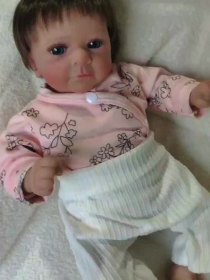 Reborn Baby Doll 16-Inch Cloth Body with Vinyl Limbs, Rooted Brown Hair, Open Eyes and Pink Outfit Set