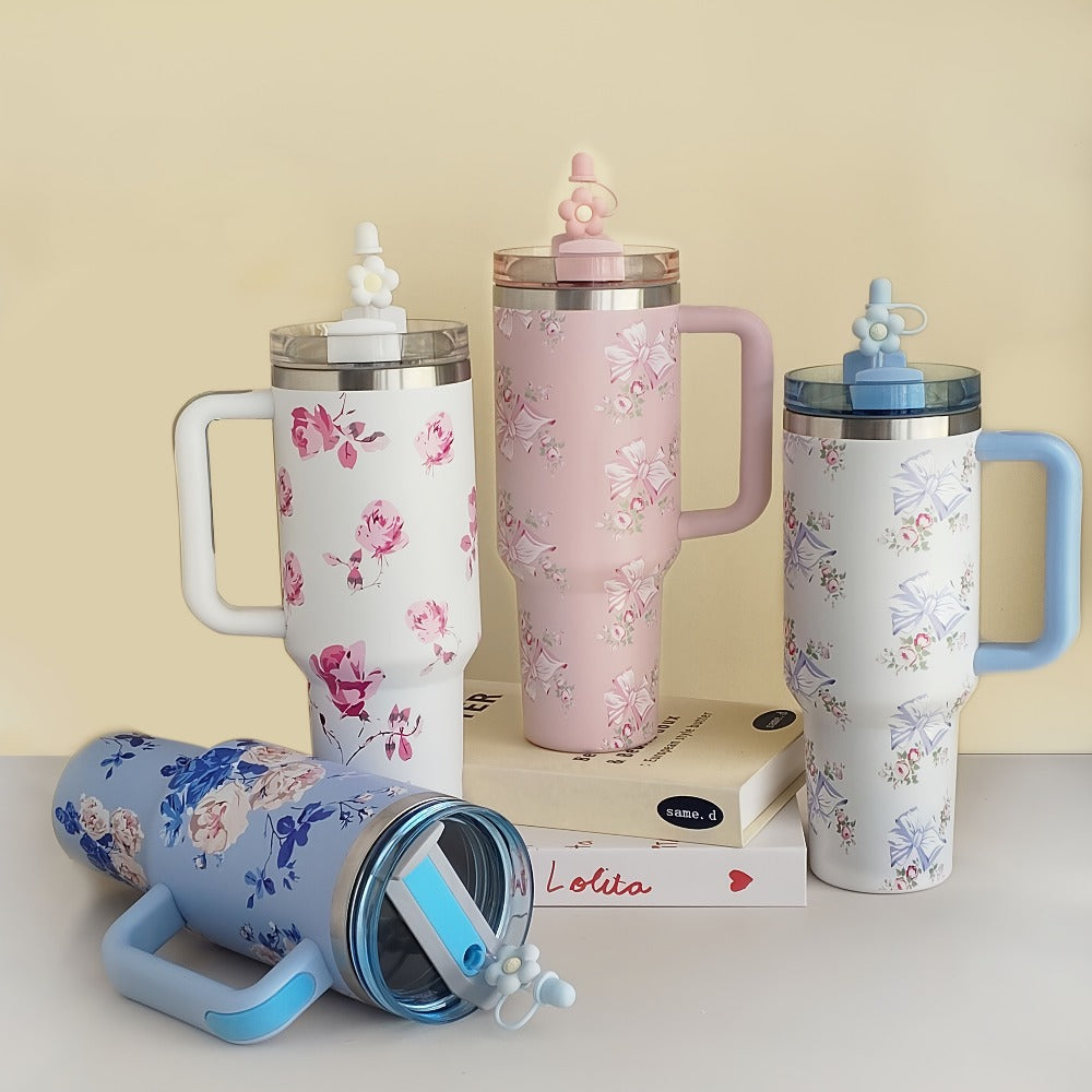40oz Floral Handled Tumbler with Straw Lid in White, Pink, Blue or Pink Butterfly Checkout Designs