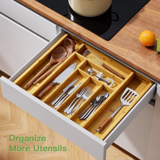 Bamboo Drawer Organizer Expandable Adjustable 9-Compartment Silverware Tray Cutlery Utensil Holder for Kitchen Drawer Office Desk Bedroom Eco-Friendly Bamboo Storage Divider Organizer