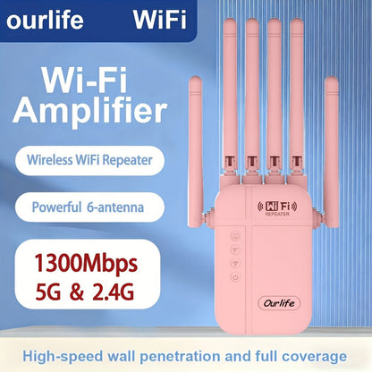 WiFi Range Extender Ourlife 1300Mbps Dual-Band 2.4/5GHz with Six Antennas and Five Color Configurations