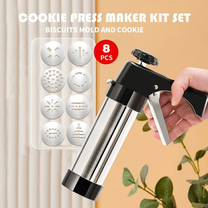 Cookie Press Set 8 Piece Stainless Steel Manual Churro Maker Flower Cookie Mold Baking Tool Set for Christmas Cookies Biscuit Decorating No Electricity Needed