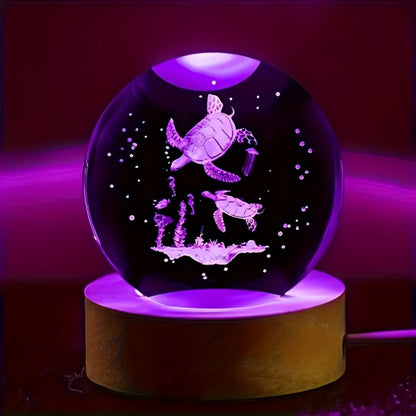 Night Light 2.36-Inch Sea Turtle Crystal Orb Lamp with Color-Changing LED and Wood-Tone Round Base