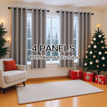Four-Panel Grommet Blackout Curtain Set in Wine Red, Black or Gray with Six Sizes from 37 x 54 to 52 x 108 Inches