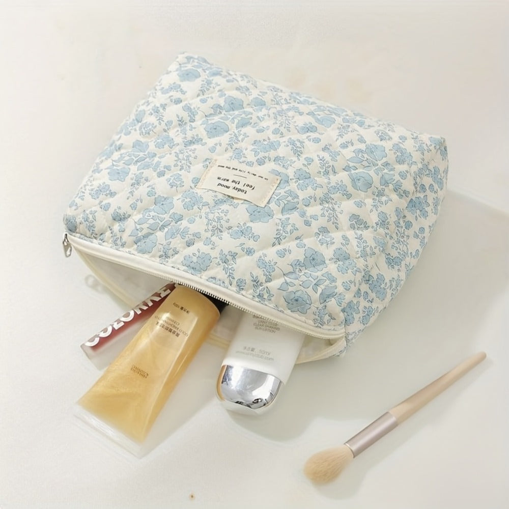 Three-Piece Floral Makeup Bag Set with Carry Handle, Gold-Color Zippers and Four Image-Bound Pattern Options