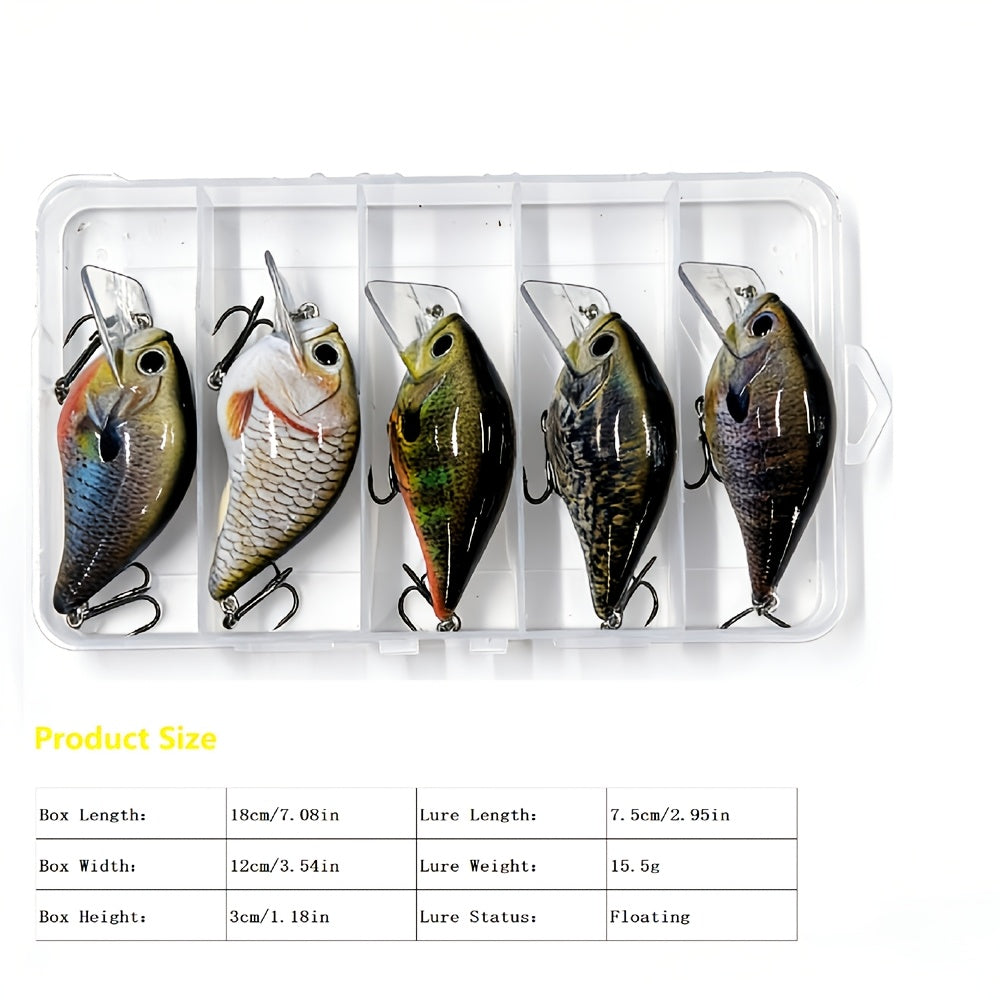 Fishing Lure Set 5-Piece Fat-Body Crankbaits, 2.95-Inch 15.5g Slow-Sinking Wobblers with Diving Bills and Treble Hooks