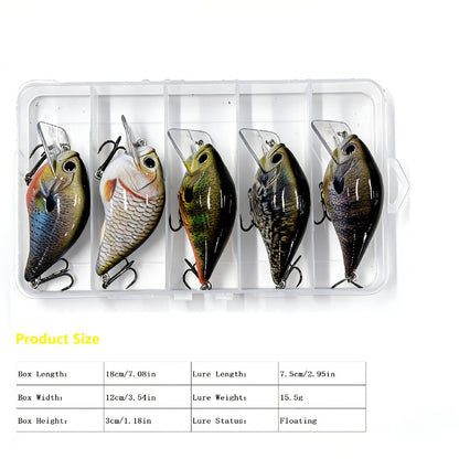 Fishing Lure Set 5-Piece Fat-Body Crankbaits, 2.95-Inch 15.5g Slow-Sinking Wobblers with Diving Bills and Treble Hooks