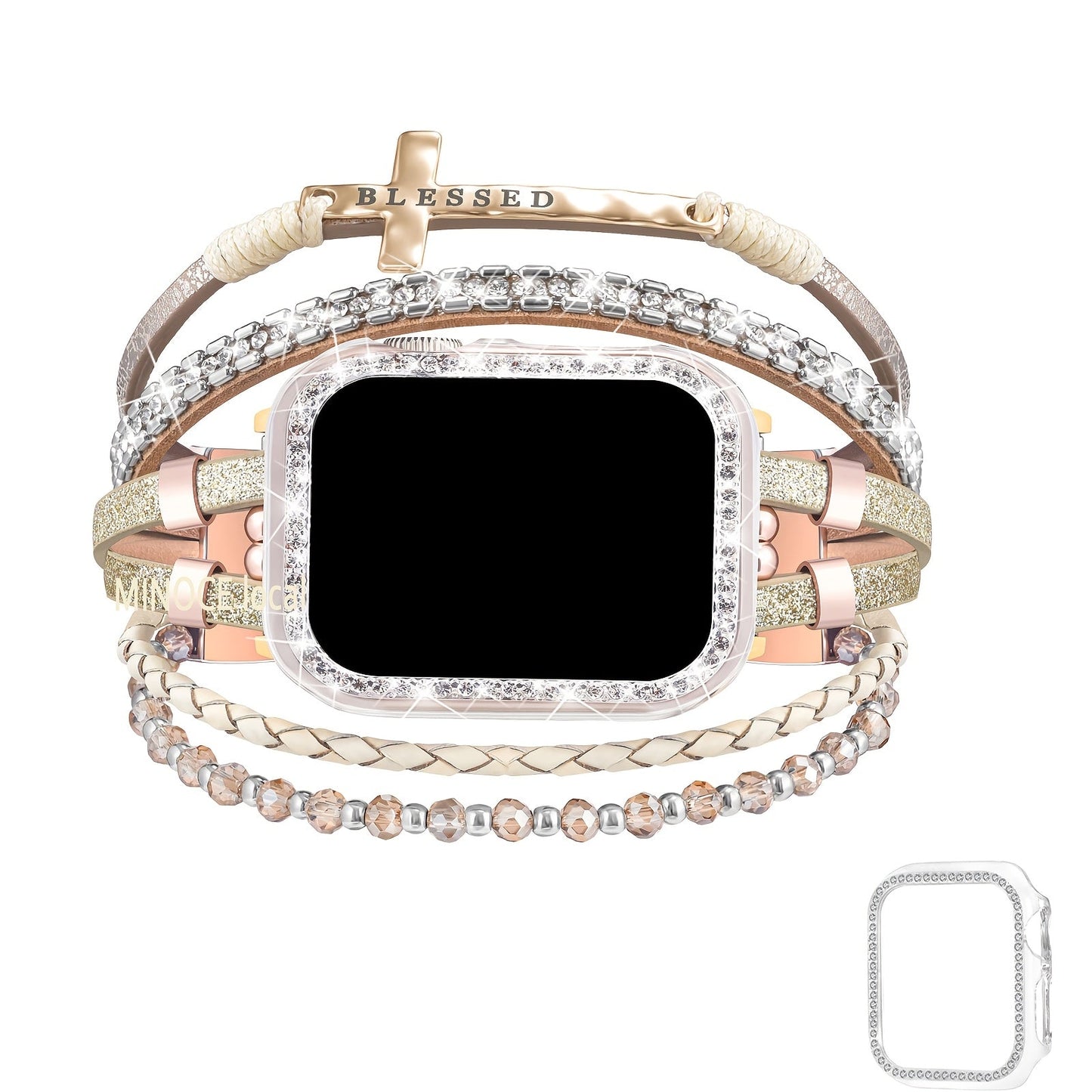 Boho Apple Watch Band 2-in-1 Bracelet & Protective Case for Women, Handmade Multilayer Wrap Strap with Glitter Bumper, Fits Apple Watch 38/40/41/42/44/45mm Series 9 8 7 6 5 4 3 2 1 SE – Sky Blue Pink Gold