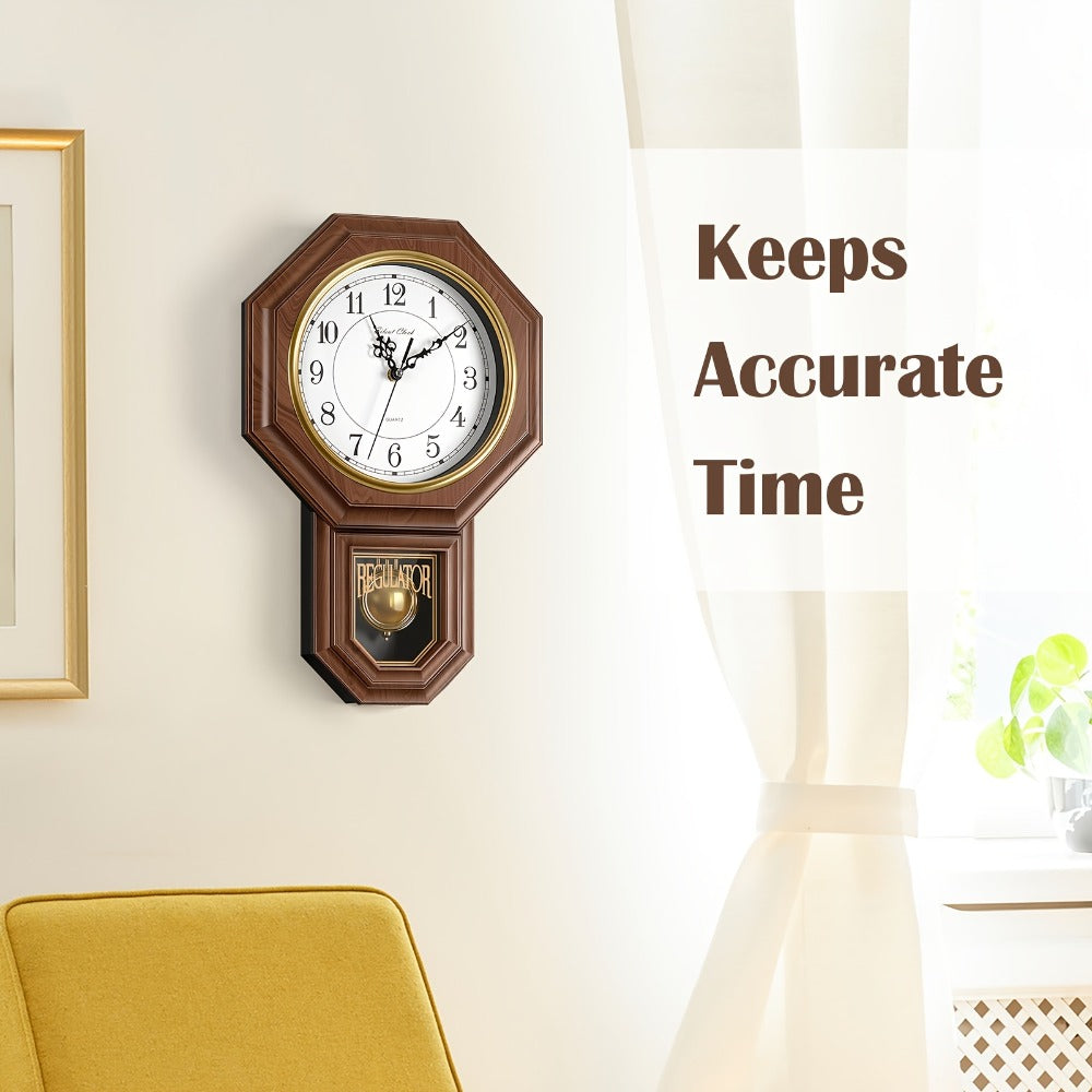 Two-Piece Octagonal Pendulum Wall Clock Set with 30 x 45 cm Frame and Brown or Mahogany-Colored Finish