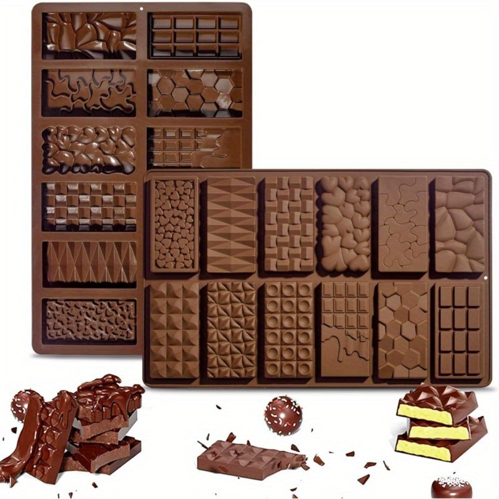 Three-Pack 12-Cavity Silicone Chocolate Bar Mold Set with Scraper for Candy, Wax Melts and Soap
