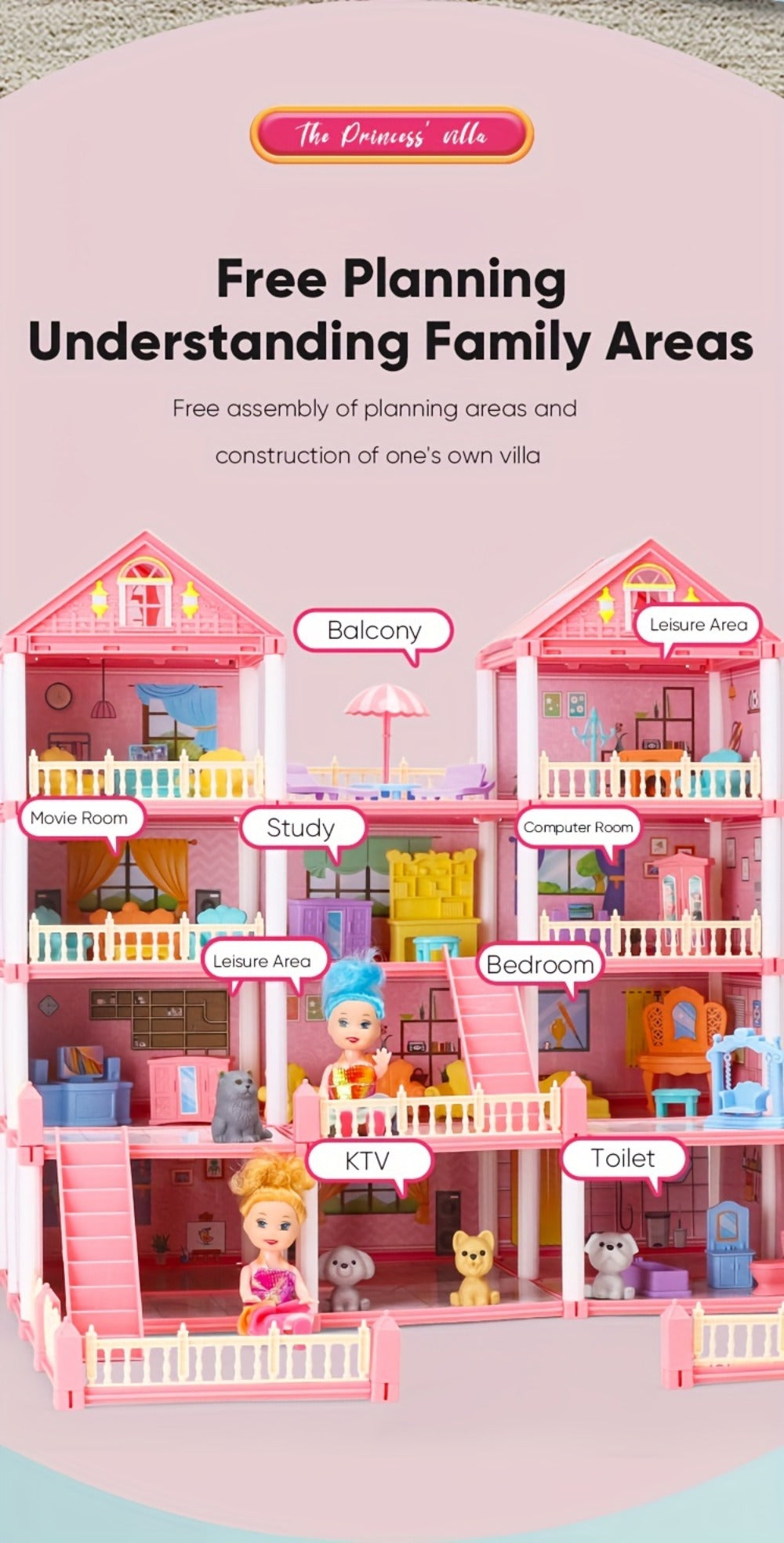 Princess Doll House Castle with Furniture & Accessories – Pink or Blue Mini Villa Playset 14 to 27 Rooms, Imaginative Play Logical Thinking Toy for Girls Ages 3+ Birthday Christmas Gift