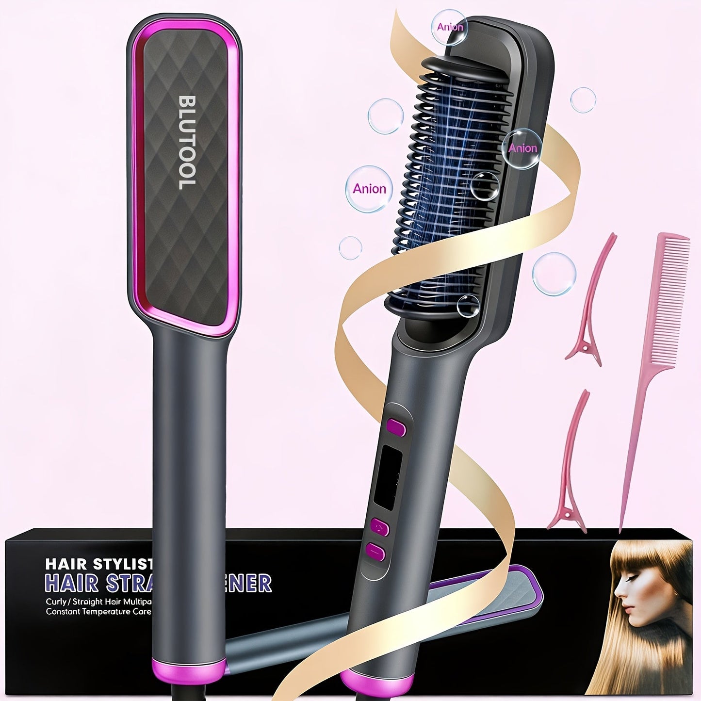 Heated Straightening Brush with Display in White, Grey, Champagne or Purple and Accessory Set