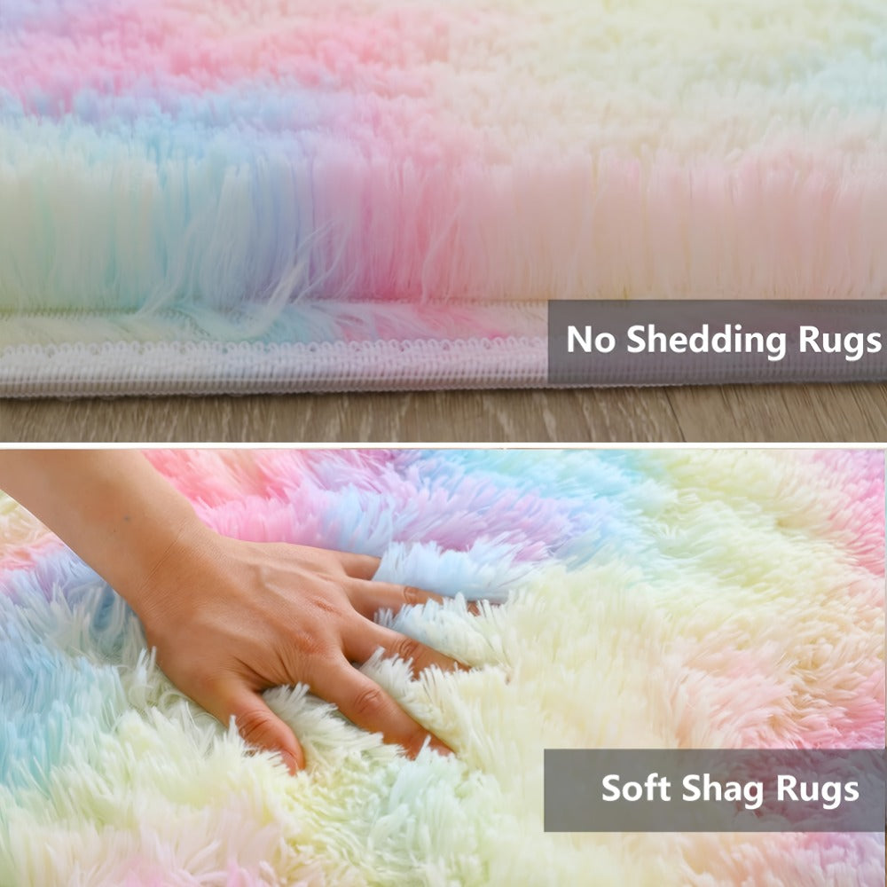 Area Rug Rainbow Tie-Dye Shag with Four Machine-Washable Sizes for Bedroom, Living Room or Office