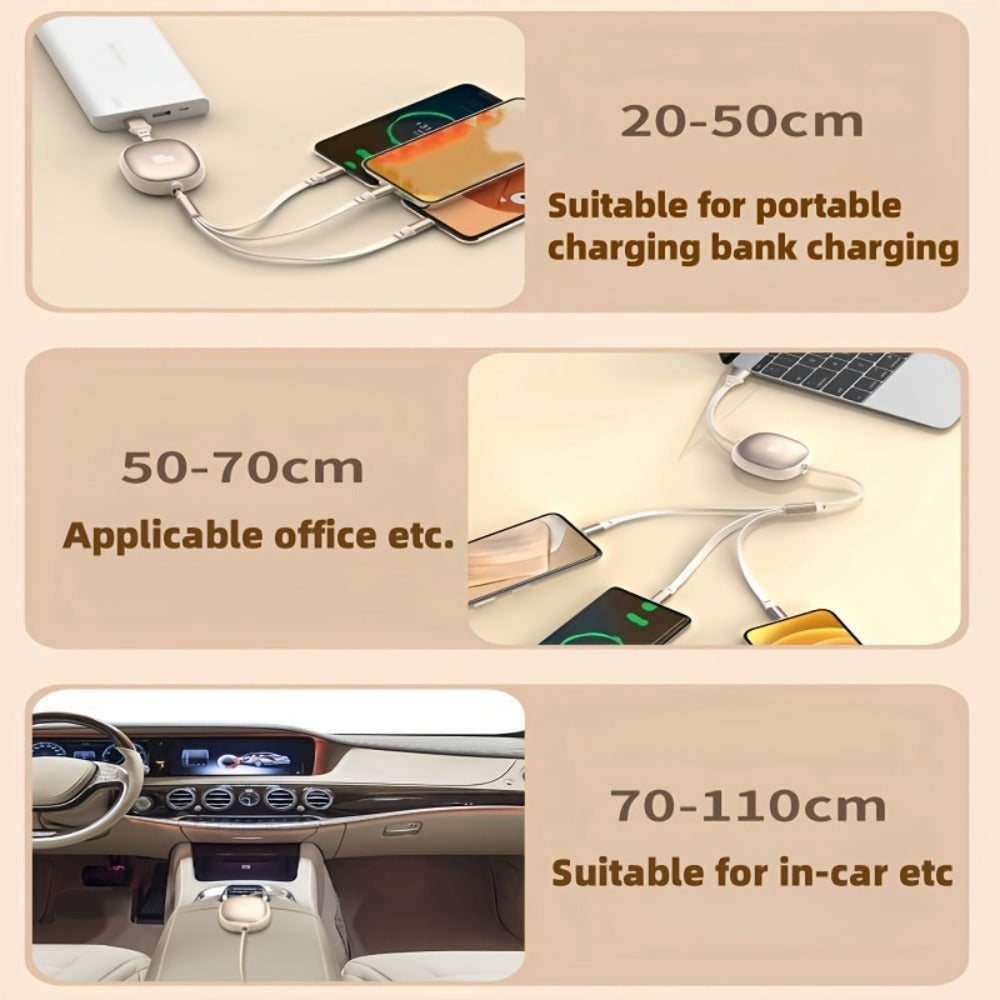 1.2m Retractable Charging Cable with Type-C, Micro USB and Lightning Ends in Six Color Options