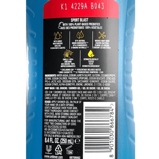 AXE Body Wash for Men 3 Pack Sport Blast Scent 250ml Each Energizing Daily Shower Gel Long Lasting Fragrance Skin Cleansing Value Set