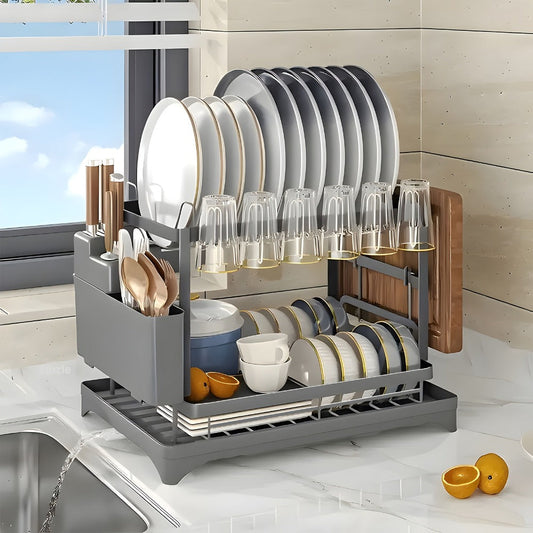 Two-Tier Dish Drying Rack with Drainboard - Metal Kitchen Dish Holder with Drainage for Countertop, Two-Level Dish Drainer for Plates, Cups & Utensils, Single or Double Layer, Black White Gray