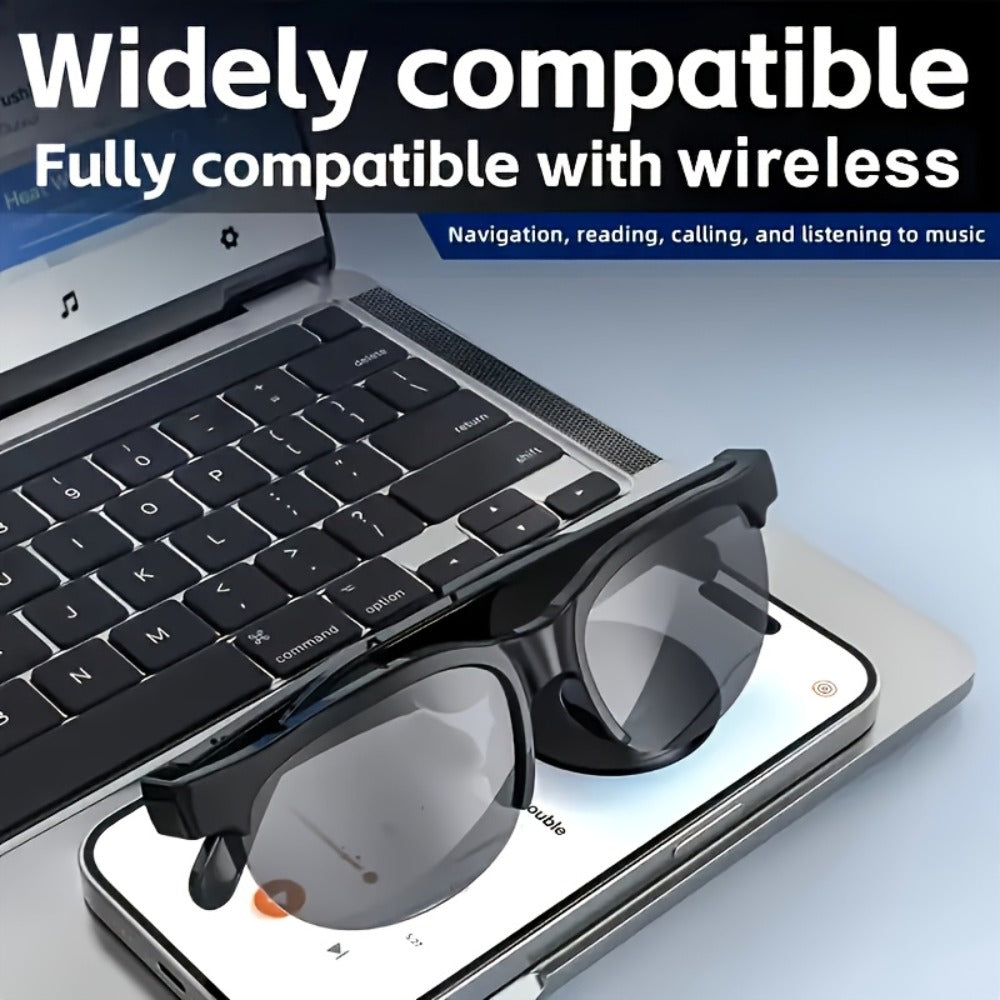 Open-Ear Audio Glasses with Bluetooth Built-In Speaker & Mic – Hands-Free Calls & Music | Lightweight Smart Eyewear for Cycling Driving Fishing Hiking Travel Office | Black & White | Wearable Tech Gift