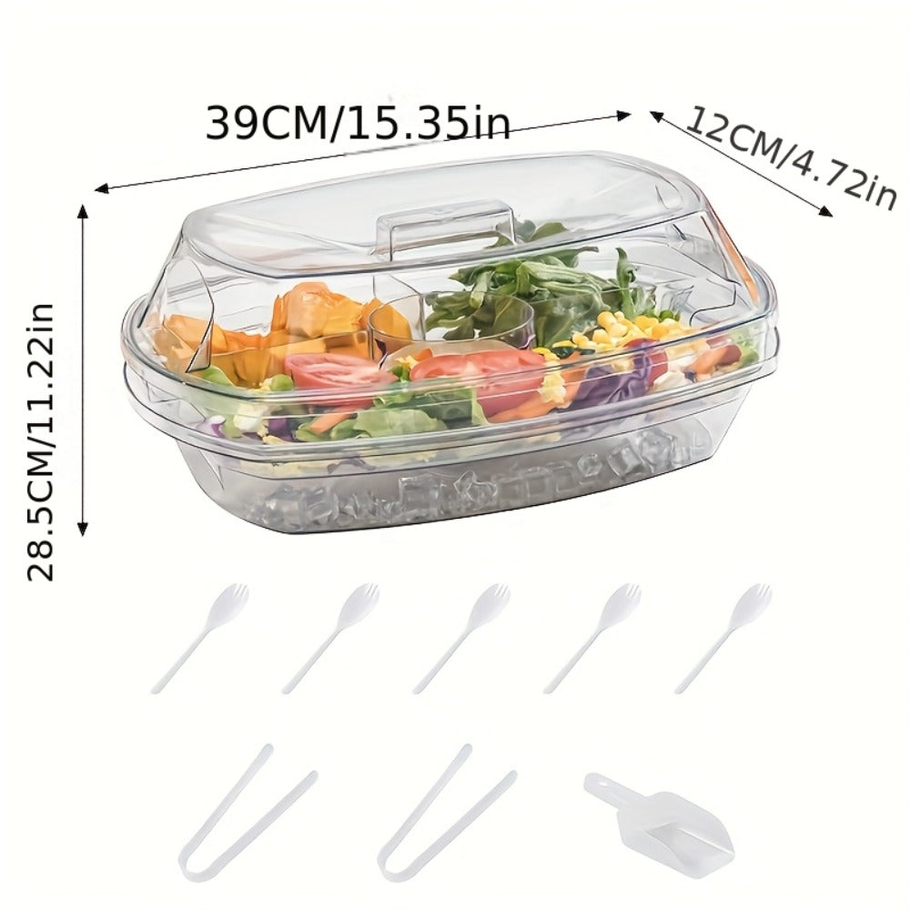 Five-Compartment Serving Bowl Set with Lid, Five Forks and Two Tongs for Party Table Display