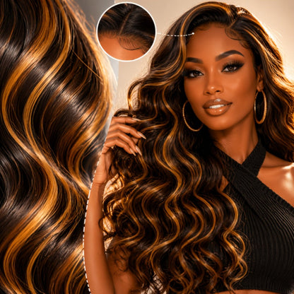 Lace Front Wig 24in Kinky Curly Synthetic Style with 1x4 Lace and Dark Brown Golden Highlights