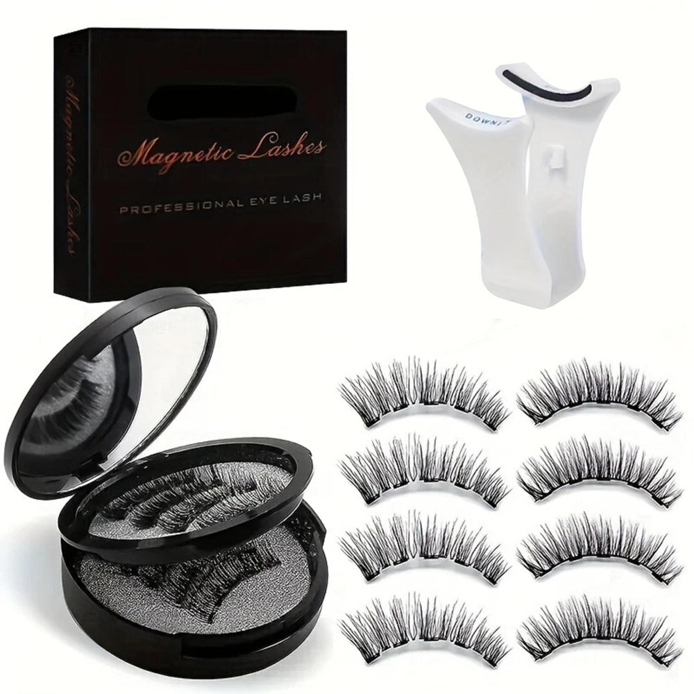 Black Double-Strip Magnetic False Eyelash Set with Round Storage Case and White Applicator