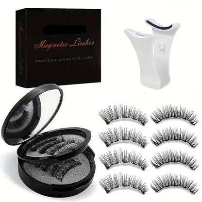 Black Double-Strip Magnetic False Eyelash Set with Round Storage Case and White Applicator