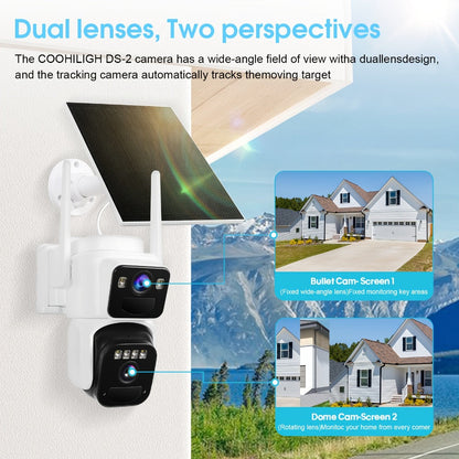 Security Camera Dual-Lens Solar Model with PIR Detection, Two-Way Audio, Spotlight Alarm and TF Card Options