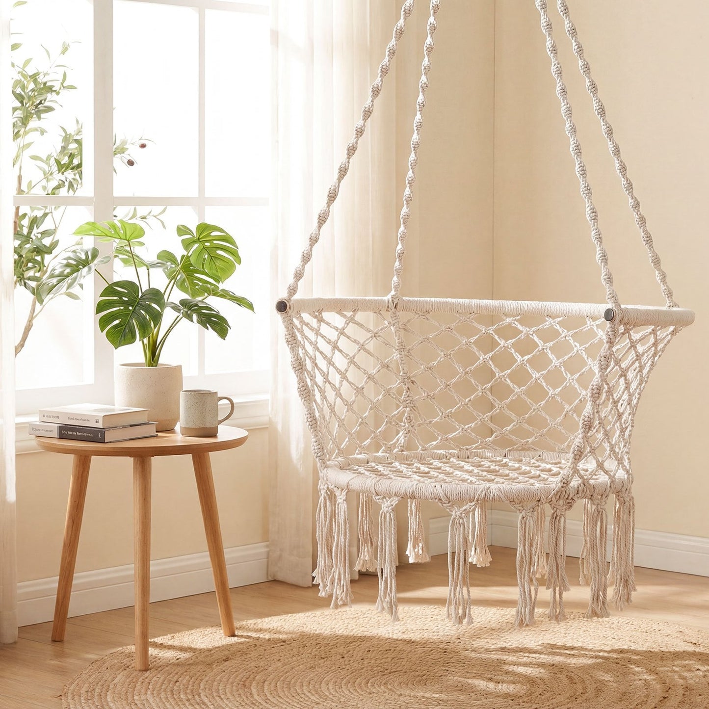 Beige Macrame Hammock Chair with Cotton Rope, Metal Frame and 31.5 x 26-Inch Hanging Seat Design