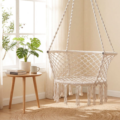 Beige Macrame Hammock Chair with Cotton Rope, Metal Frame and 31.5 x 26-Inch Hanging Seat Design