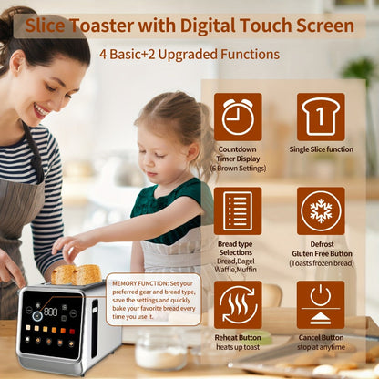 Digital Touch Screen Toaster 2 Slice Stainless Steel with 5 Bread Functions 7 Shade Settings for Home Cooking, Dining and Outdoor Meals