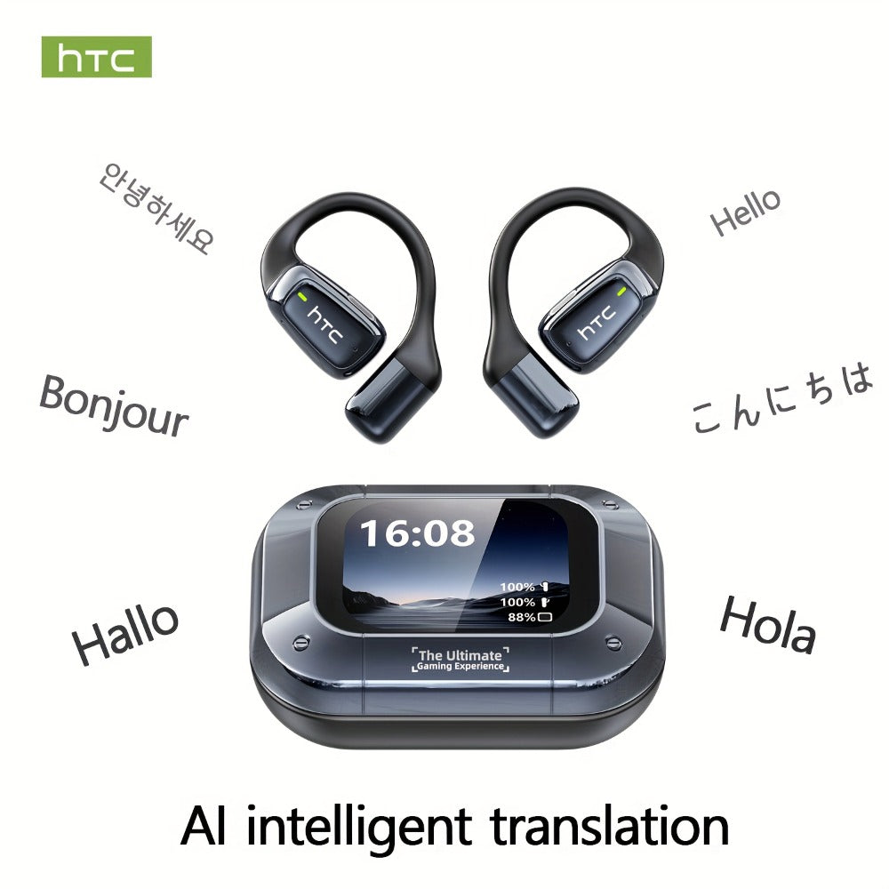 Open-Back Hi-Fi Gaming Earphones HTC NE25 AI Real-Time Translation 135 Languages LED Smart Screen Low Latency Long Battery Lightweight Wireless Headphones Black