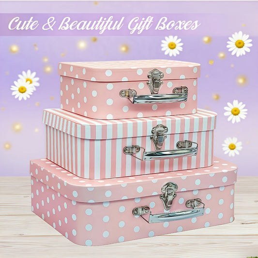 Vintage Cardboard Suitcase Set of 3 with Polka Dot Design & Lid - Decorative Storage Boxes for Wedding Party Favors Souvenirs Photos, Valentine Anniversary Christmas Gift Box