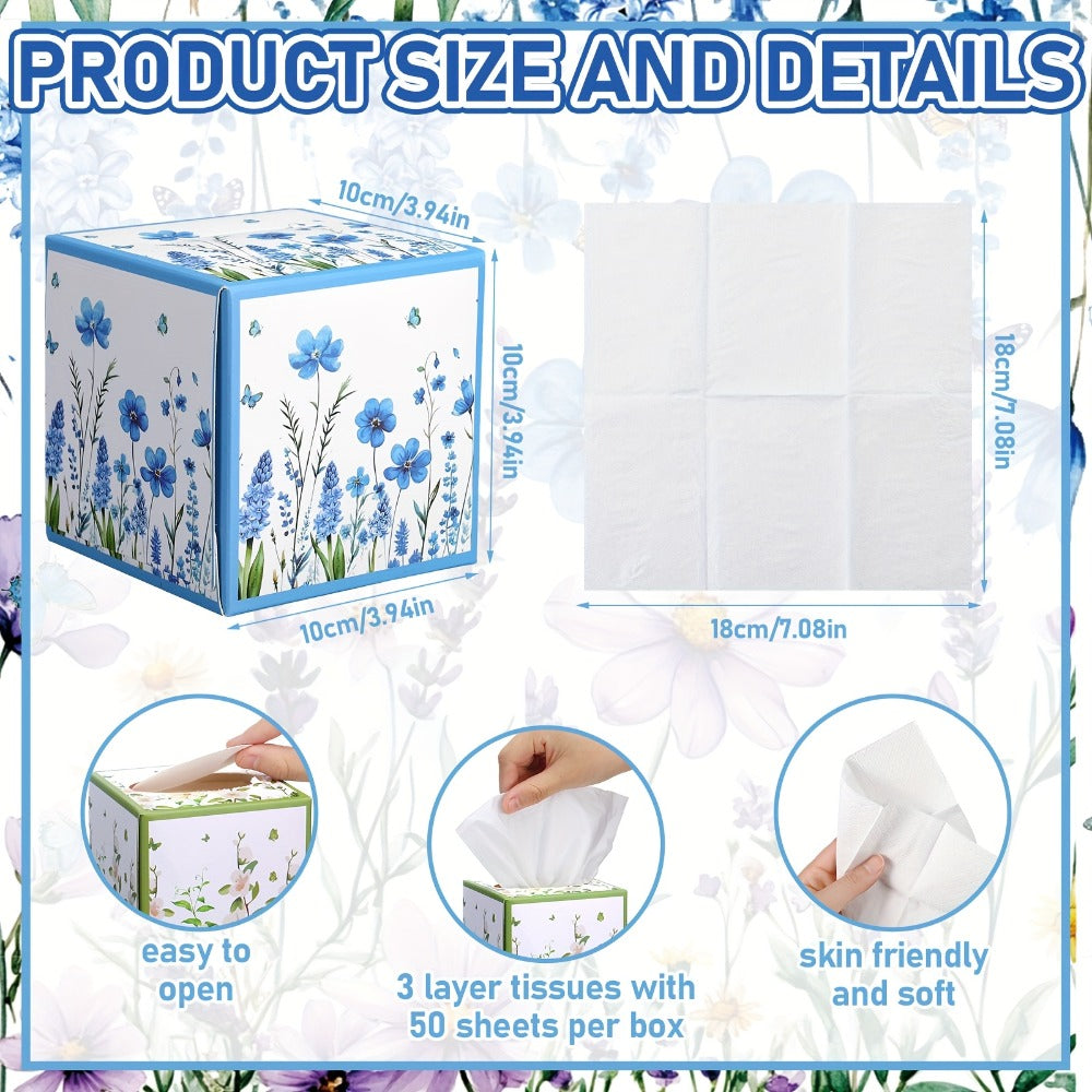 12-Pack Cube Facial Tissue Boxes with 600 Total Three-Ply Sheets and Assorted Floral Designs for Home or Office