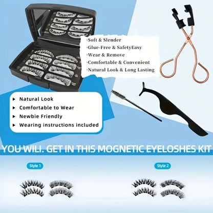 Eight-Piece Black Magnetic False Eyelash Kit with Rectangular Case, Applicator, Tweezers and Brush