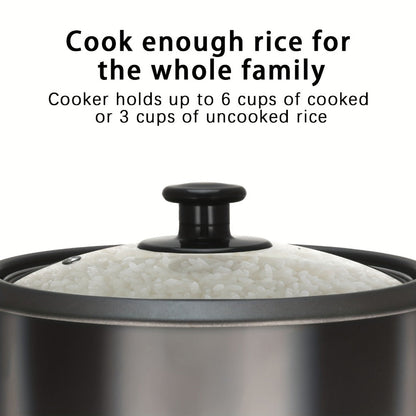 Three-Cup Uncooked / Six-Cup Cooked Rice Cooker with One-Touch Cook and Warm Modes, Inner Pot and Accessories