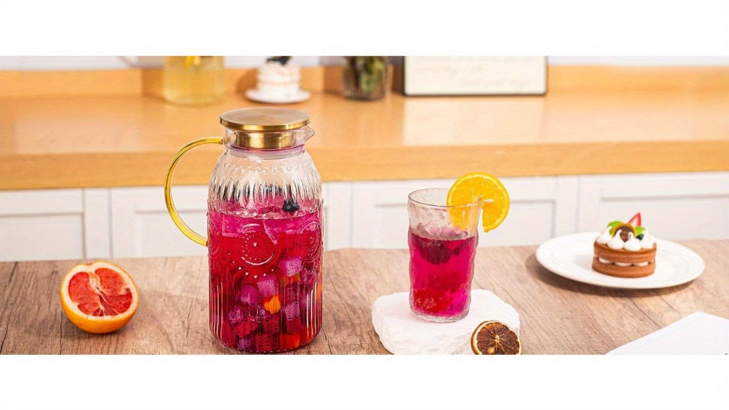 Embossed 68-Ounce Glass Pitcher with Golden-Tone Handle and Lid in One- or Two-Piece Packs